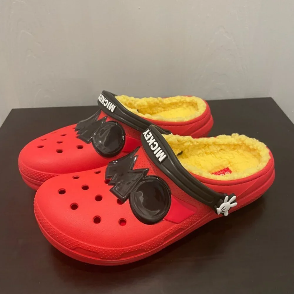 CROCS CLOG DISNEY MICKEY MOUSE SZ 5J RED YELLOW FUZZY LINED KAWAII ICONIC MICKEY